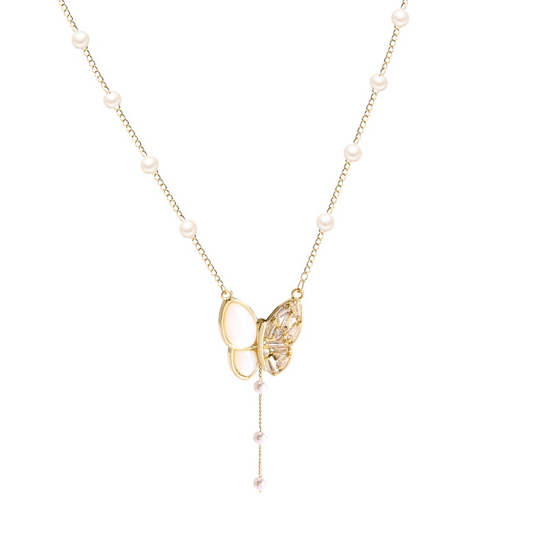 Kalung Rantai Panjang Dengan Liontin Kupu-Kupu Aksen Mutiara + Batu Zircon Mewah Untuk Wanita