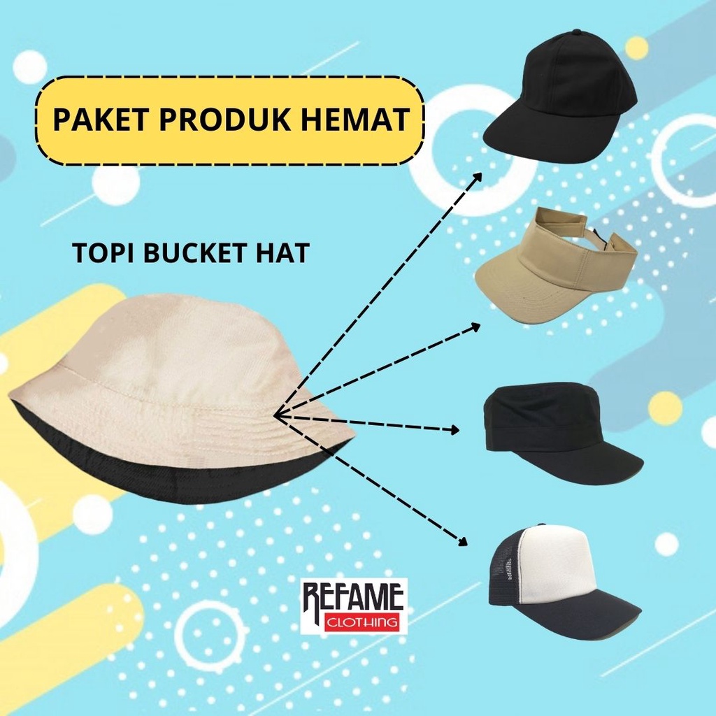 Paket Topi Bucket Hat dengan Topi Baseball Polos Zumba Trucker Jaring Komando Pria Wanita Premium