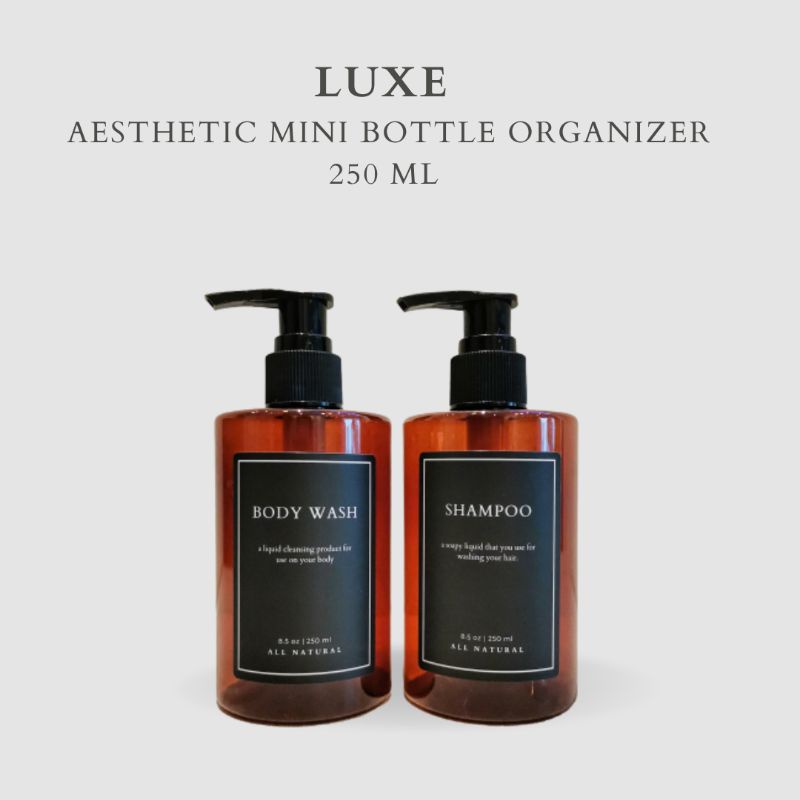 LUXE Botol MINI AMBER Label KOTAK HITAM 250 ml Aesthetic Bottle Refill | Botol refill sabun /botol refill sabun/ botol isi ulang/botol sabun refill/botol sabun/botol pump/botol anak/bathroom organizer/bathroom amenities