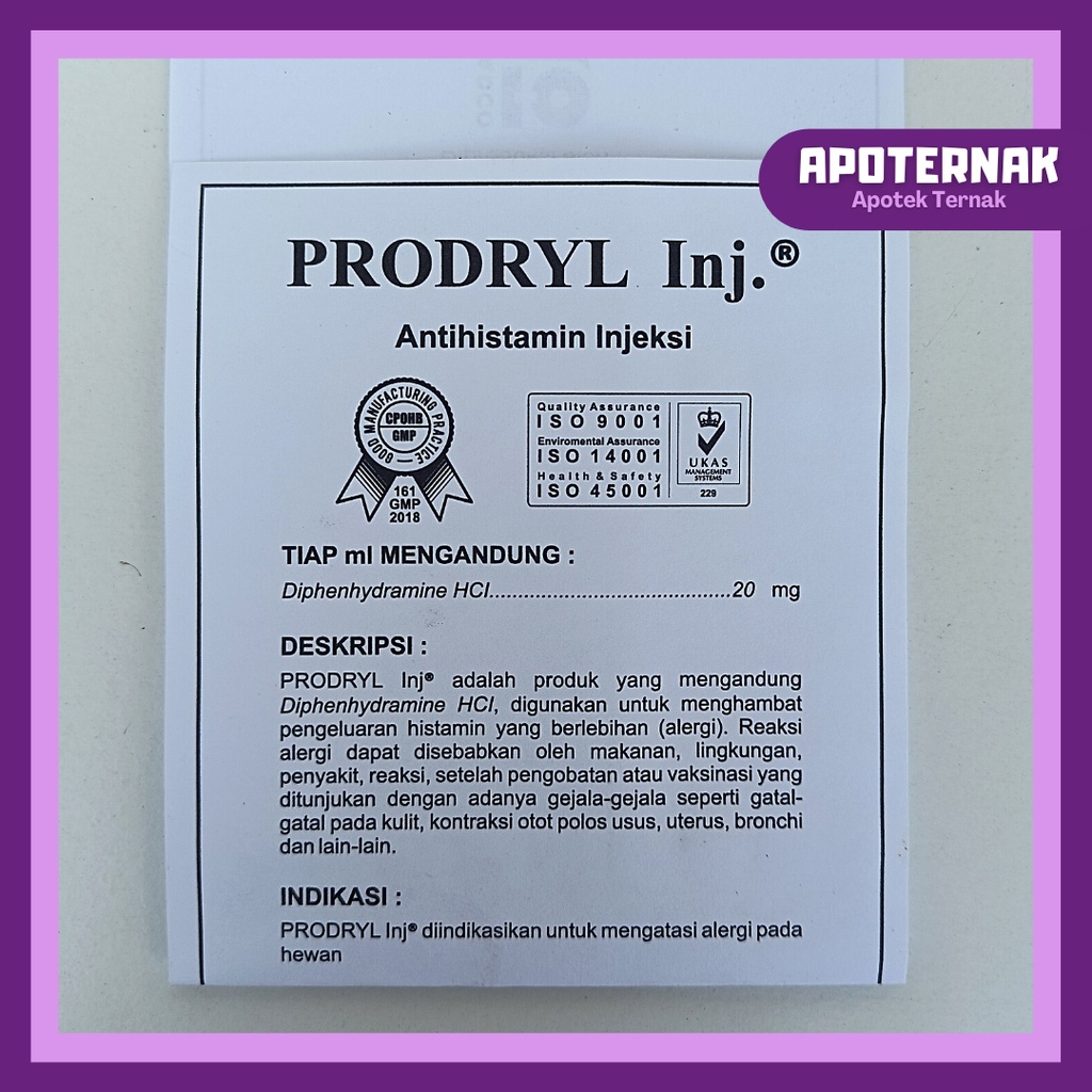 PRODRYL Injeksi 50 mL | Antihistamin Anti Alergi (Mirip Vetadryl Sanbe) | Untuk Sapi Kambing Kuda Anjing Kucing | VADCO | Apoternak