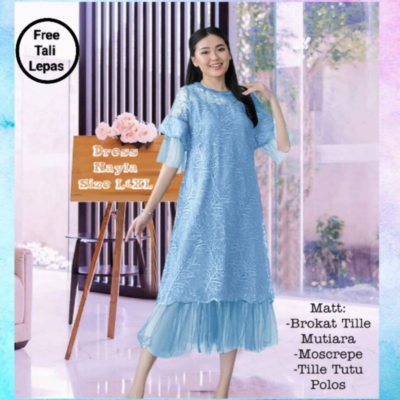 Dress Pesta Wanita Midi Terbaru Elegan/Dress Nayla Size L dan XL Matt Brokat Tille Mutiara Mix Moscrepe dan Tille Dot/Dress Pesta dan Natal Remaja Kekinian Viral/Good Quality