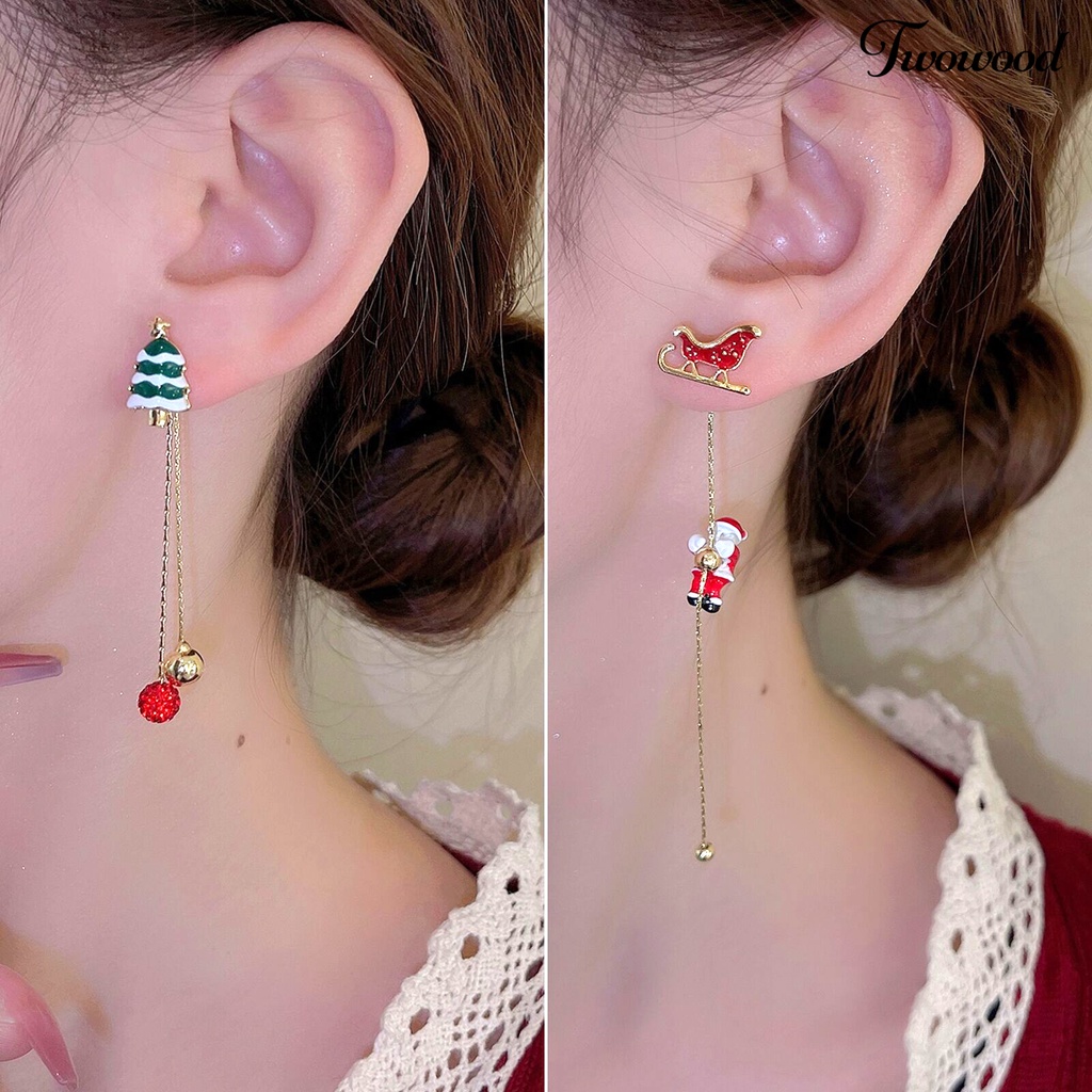 1 Pasang Anting Rantai Rumbai Panjang Asimetris Desain Santa Claus Snowflake Bell Drop Untuk Hadiah Natal