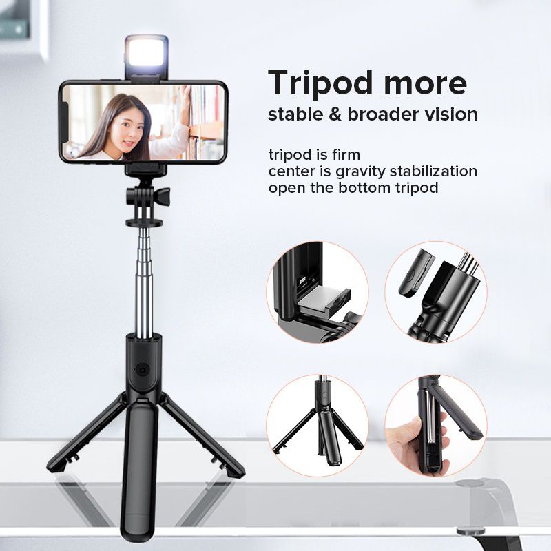 TONGSIS BLUETOOTH R1S LED REMOT SELFIE STICKTRIPOD + LAMPU LED SELFIE