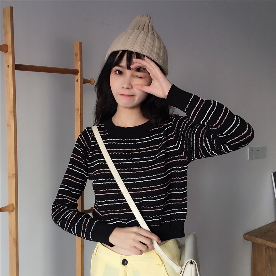 Crewneck Wanita Atasan Rajut Lengan Panjang Stripe Casueal Top Terbaru