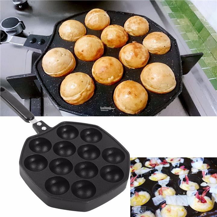 Panci Takoyaki 12 lubang anti lengket bahan aluminum untuk memasak, besi cor cetakan Takoyaki pan