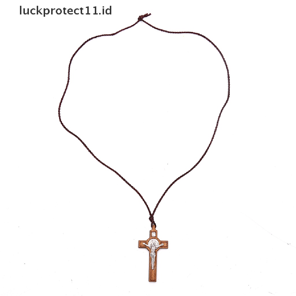 Kalung Liontin Salib Yesus Bahan Kayu Metal Gaya Retro Untuk Hadiah
