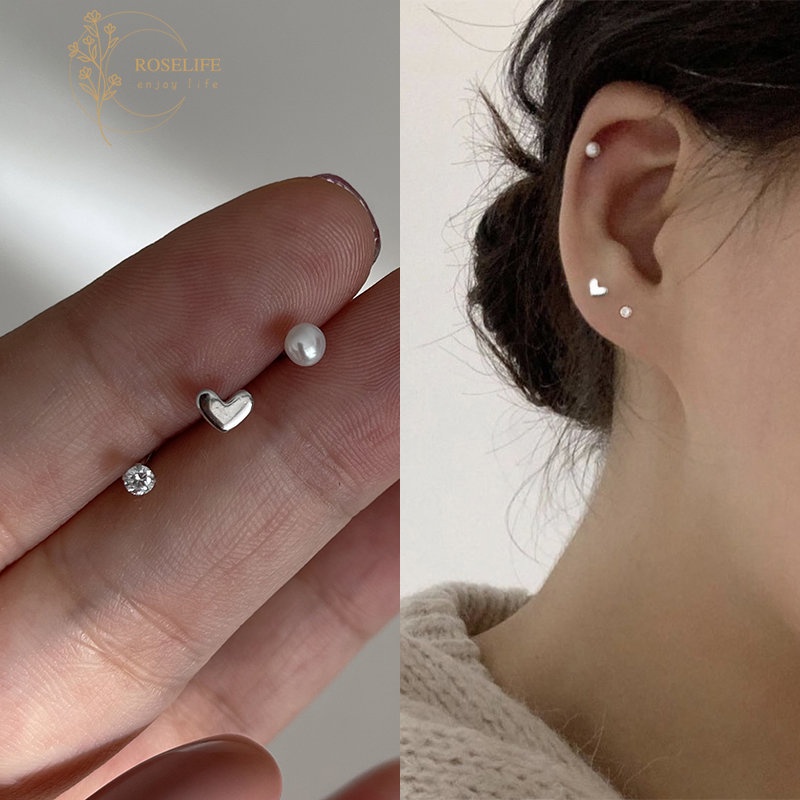 Roselife 3PCs / set Anting Tusuk Silver S925 Wanita Desain Hati Hias Kristal Mutiara Gaya Korea