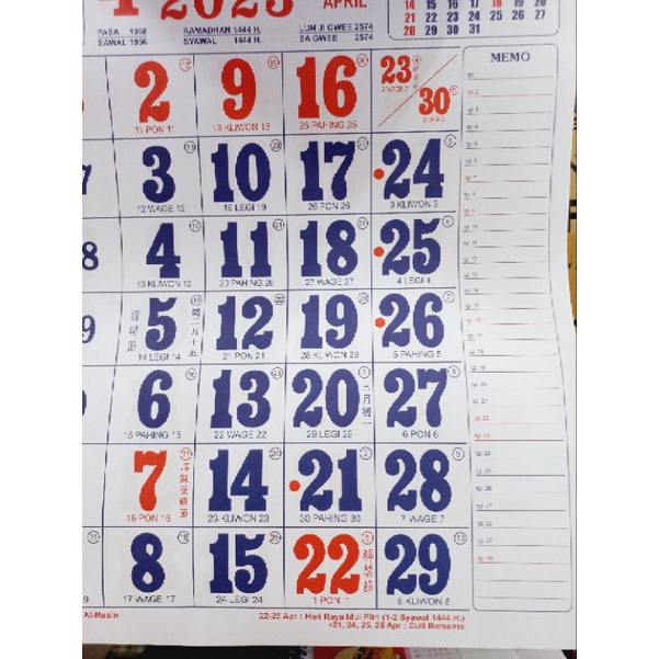 GOS -F314-  Kalender Kertas Tahun 2023 - Kalender Kerja Ukuran Standar - Kalender 1 Pcs