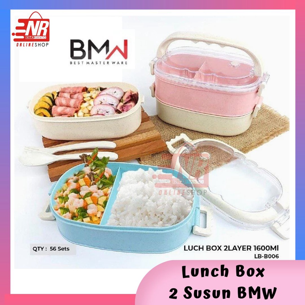 Lunch Box 2 Susun BMW / Lunch Box 2 Sekat Set Sendok Garpu / Lunch Box Susun 2 Jerami / Kotak Tepak Makan