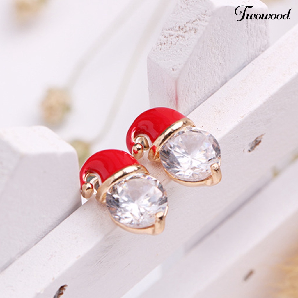 1 Pasang Anting Stud Cubic Zirconia Bentuk Topi Natal Warna Merah Untuk Wanita