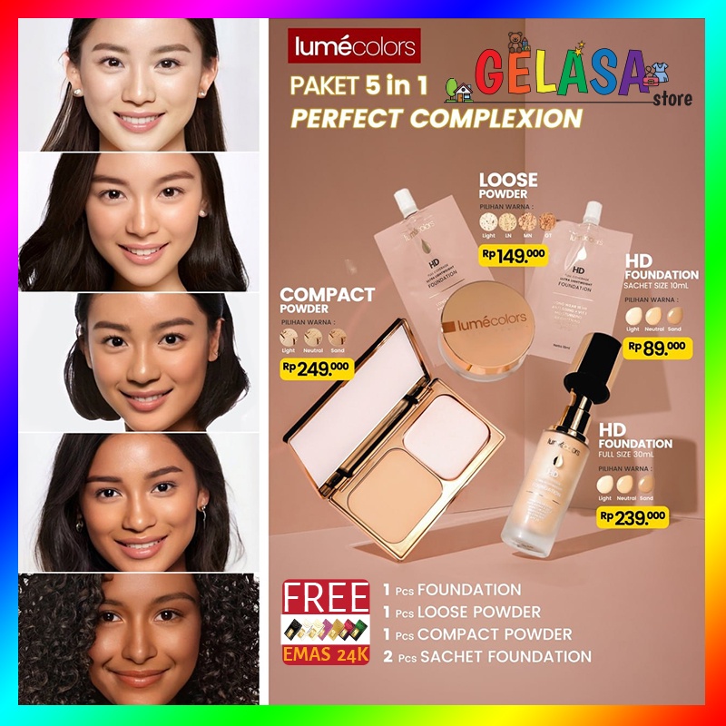 (Free Emas) Agen Resmi Lumecolors Paket Bundling Lengkap 5in1 Perfect Complexion Foundation + Compact Powder + Loose Powder + 2x Sachet untuk 5 tone wajah kulit BPOM Tahan Lama