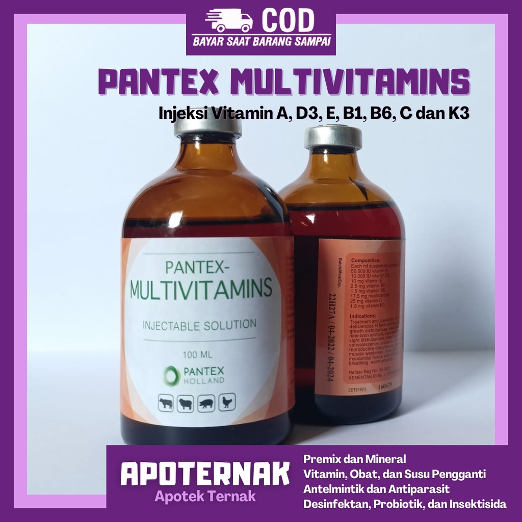 PANTEX MULTIVITAMIN | multivitamin injeksi vit A D3 E B1 B6 C dan K3 Untuk Sapi Kambing Kuda dll | 100 ml | Pantex Holland | Apoternak
