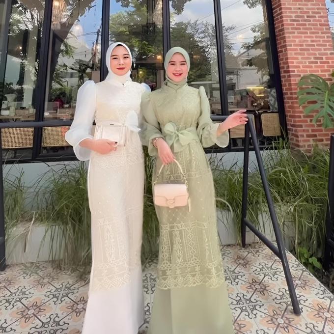Gamis Pesta Hijau Sage Syahilla Dress Raya Collection