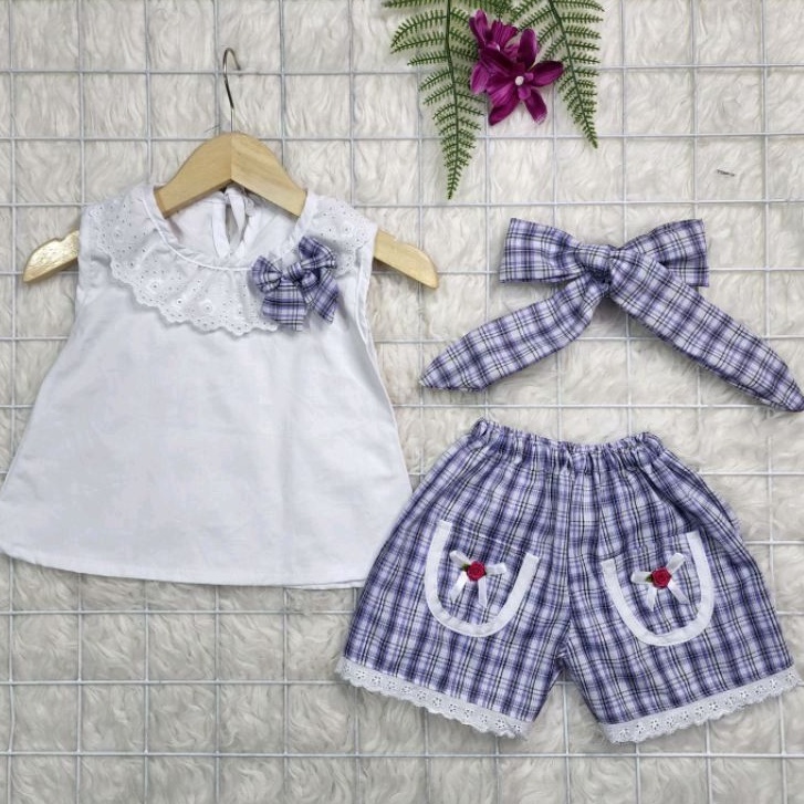 Baju bayi perempuan Stelab celana kotak+bandana baby