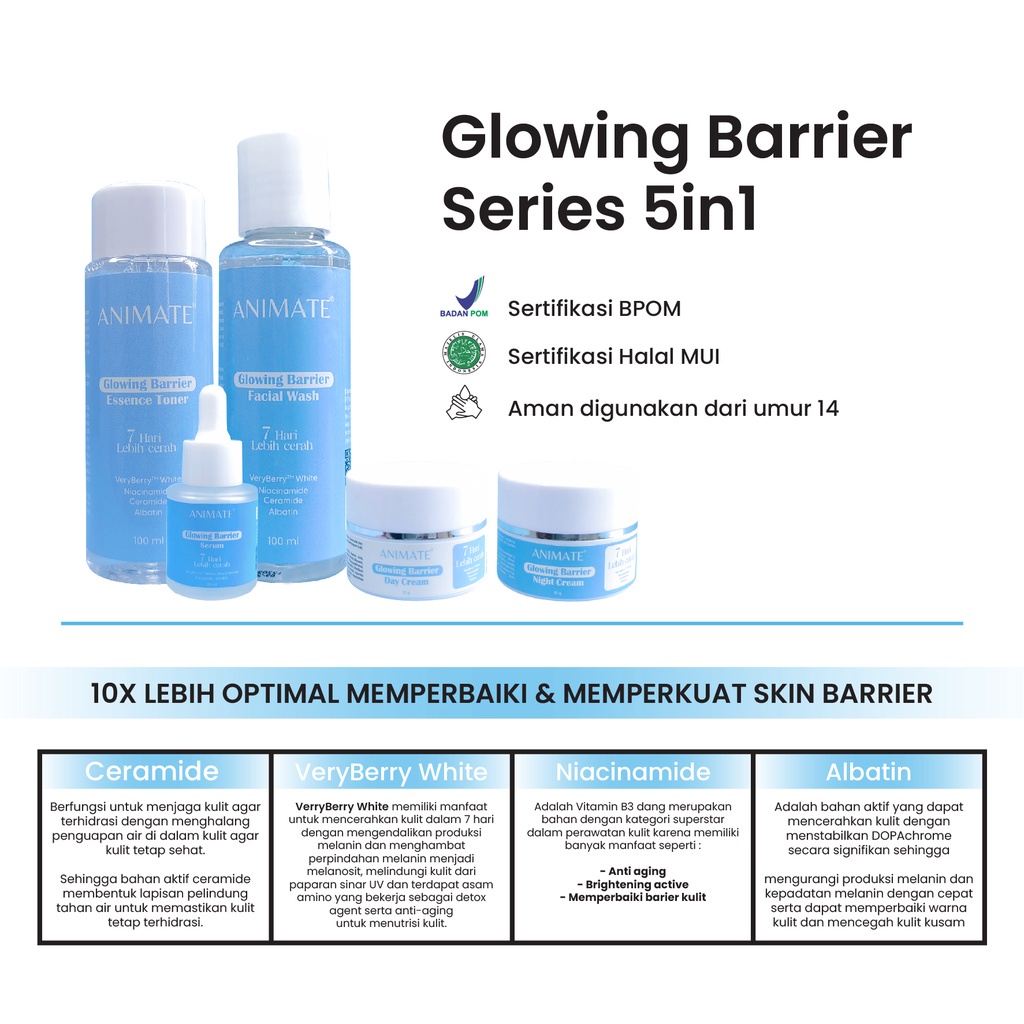 READY Animate Instant Whitening Series 5in1 / Cream Pemutih Wajah / Skincare Wajah / Animate Glowing Barrier Skin Repair Series 5in1- Paket Skin Barrier Repair