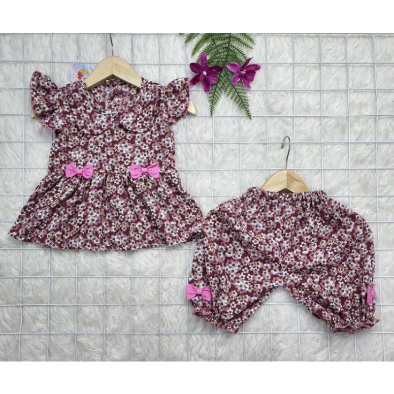 Baju bayi perempuan stelan celana bunga crinkle