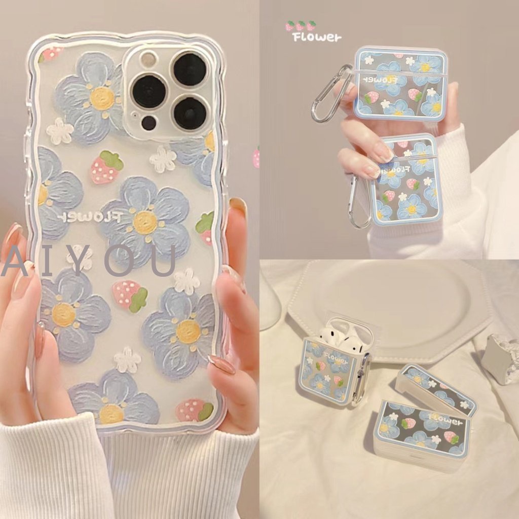 Soft Case Silikon Desain Bunga Strawberry Untuk iPhone 14 pro Max 13 12 11 Airpods 1 2 3 pro Bluetooth Wireless