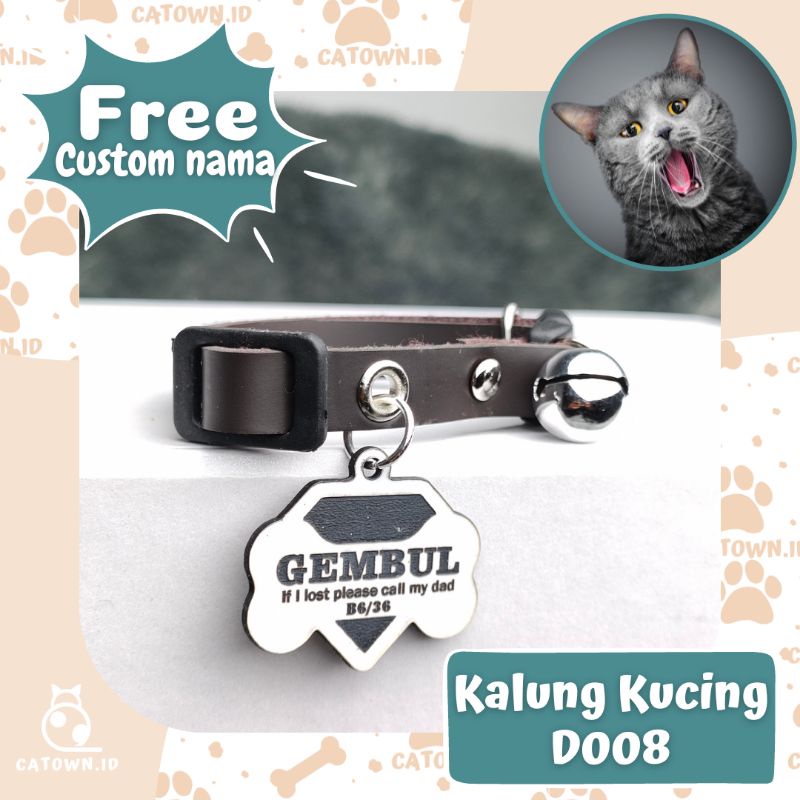 D008-Kalung Kucing Custom Gratis Cetak Ukir Nama Aksesoris Kucing Pet Collar Custom Lucu Tulis Identitas Pemilik Alamat Nomor HP Anti Hilang Kalung Kucing Lucu catown.id