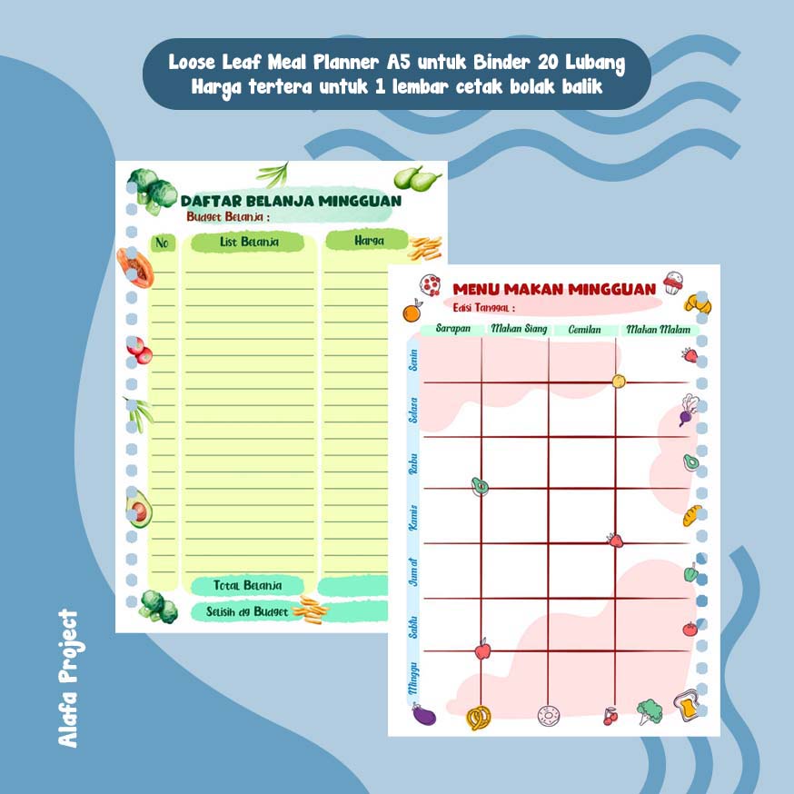 

Alafaproject Kertas Binder Loose Leaf Meal Planner A5 20 Lubang