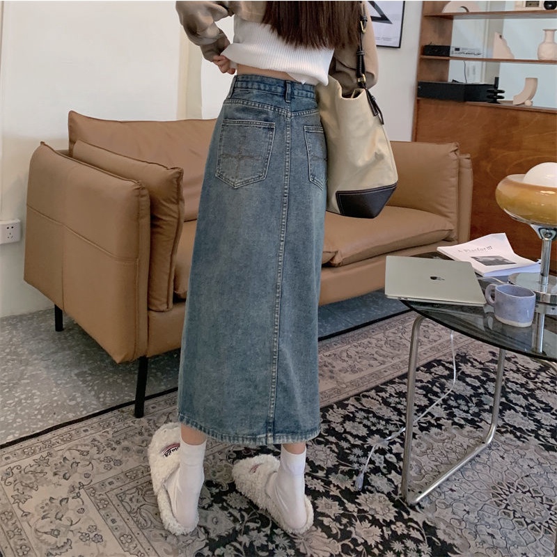 Korean High Waist Rok Jeans  A-Line Depan Split Jeans Kekinian