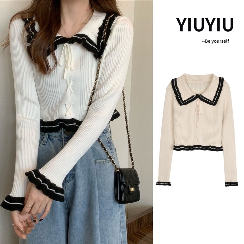 YIU YIU Rajut - Sweater Rajut Import Korea Atasan Casual Lengan Panjang Rajut Kantor Crop Top Long Sleeve