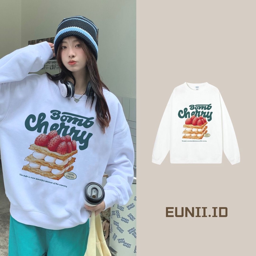 EUNII Sweater Lengan Panjang Strawberry Cake Korean Style/Hoodie Oversize/Baju Wanita/Switer Wanita