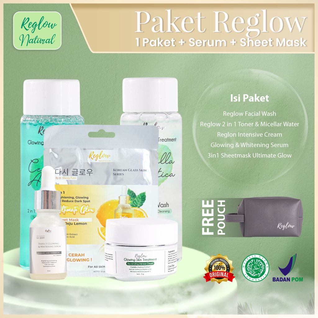 Reglow Paket Pencerah Wajah Glowing Skin Treatment Isi 3 Facial Wash Toner dan Cream Serum Sheet Mas