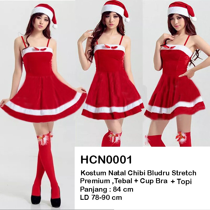 HCN0001 Kostum Natal Minidress Velvet Premium + Cup Bra + Topi Panjang / Mini Dress Costum Natal / Kostum Natal Christmas Seksi