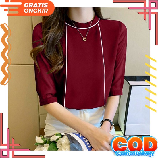 Atasan Pakaian Baju Blus Blouse Blose Kemeja Lengan Pendek Kerah Renda Import Wanita Terbaru Fashion