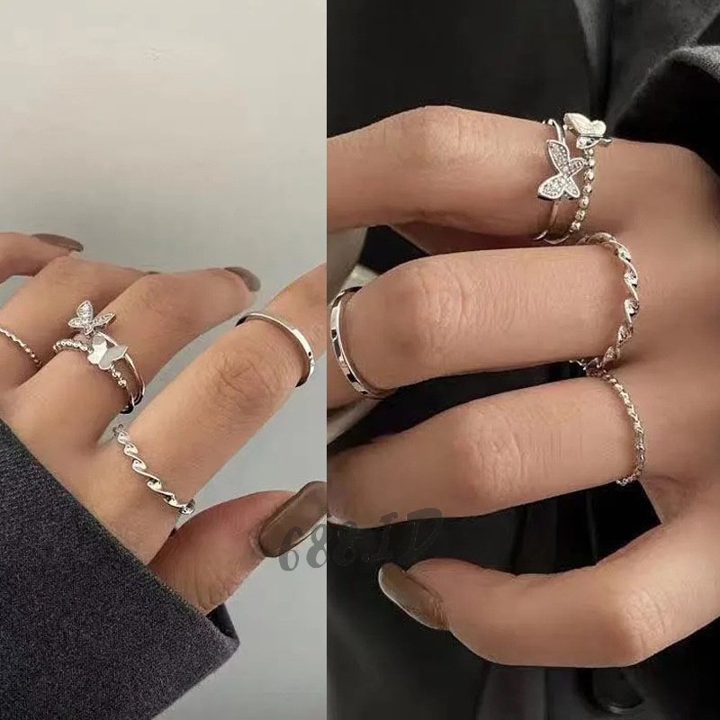 4pcs/set Cincin Wanita Desain Geometri Kupu-Kupu Gaya Korea Adjustble Model Terbuka Impor Murah Fashion Kekinian CC 08