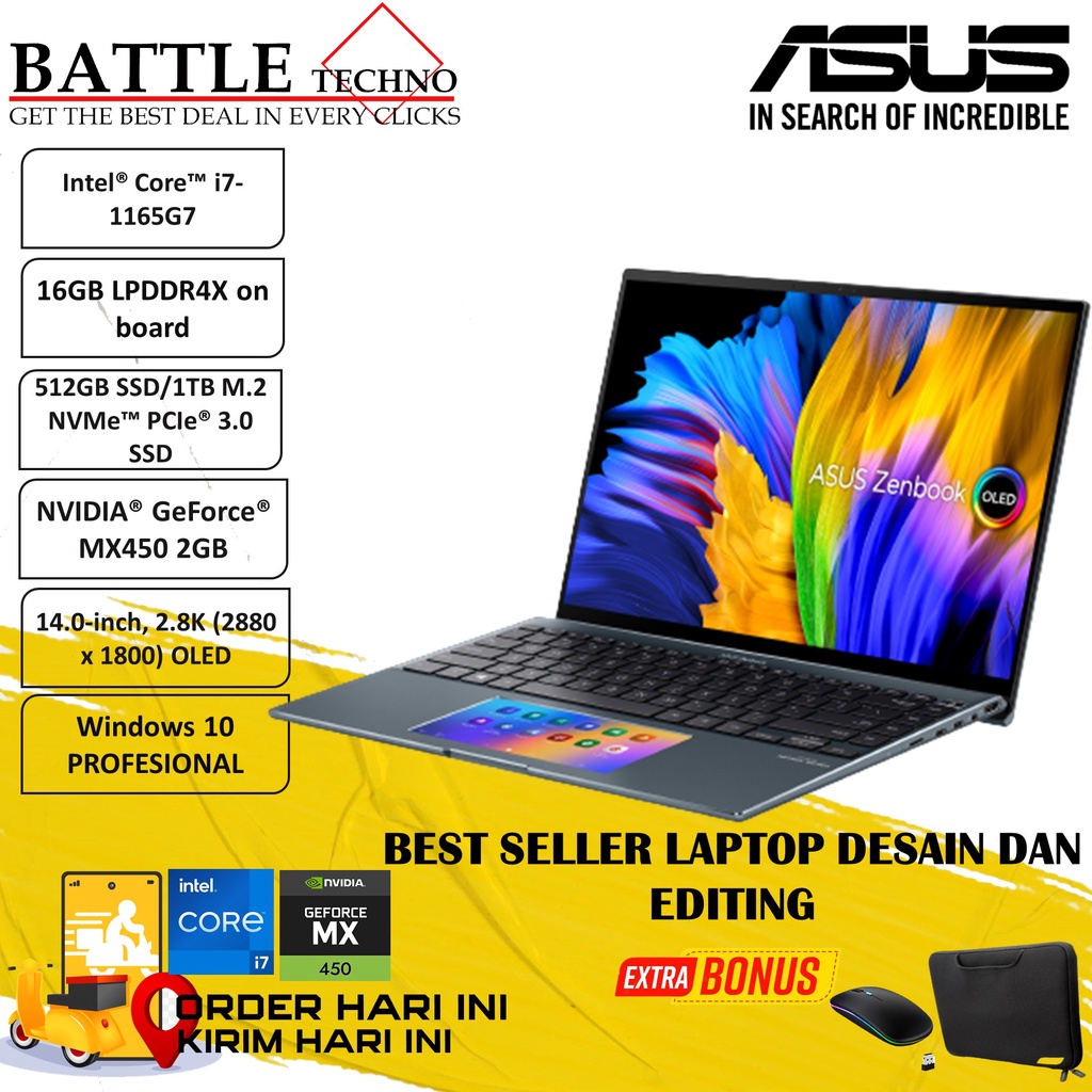 LAPTOP SLIM ASUS ZENBOOK 14X UX5400EG INTEL I7 1165G7 16GB 1TB MX450-2GB 14 WQXGA OLED TOUCH SCREENPAD WIN11PRO TERLARIS