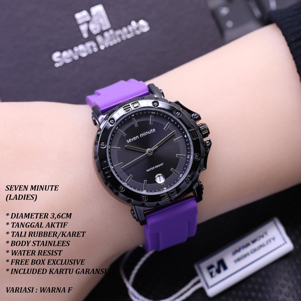 (FREE BOX) JAM TANGAN WANITA SEVEN MINUTE LS-0008 TALI RUBBER BODY STAINLEES TANGGAL AKTIF