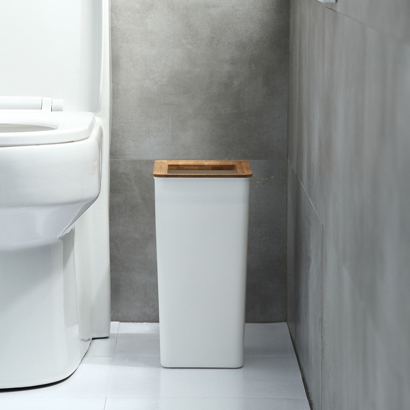 Tempat Sampah Putih Minimalis dengan Tutup Kayu Trash Bin - Tempat Sampah Aesthetic Estetik White Wooden