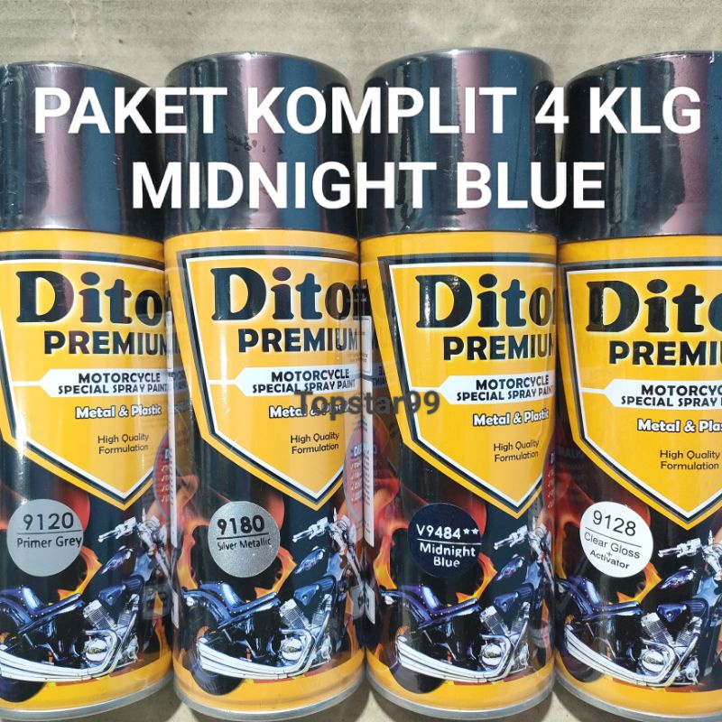 Pilok Cat Diton Premium Paket Lengkap 4 Kaleng Midnight Blue 9484 Primer Grey 9120 Silver Metalik 9180 Clear Gloss 9128 400cc Pilox Paketan Cat Semprot Special Spray Paint