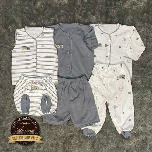 Paket 18 pcs Lengkap Hemat Kelahiran Baju Bayi Baru Lahir Premium Motif Printing Seri Abu