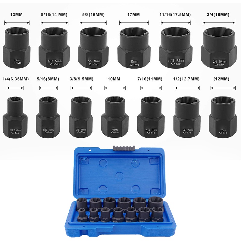 【13 PCS】Impact Bolt Nut Remover/Nut Extractor Socket/Pas Soket Pencabut Mur/Damaged Screw Bolt Nut Remover