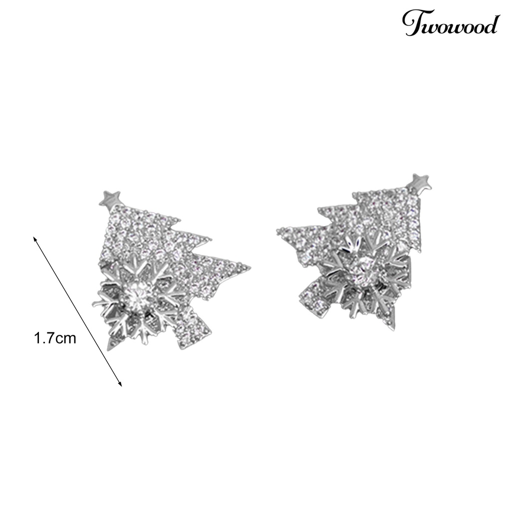 1 Pasang Anting Stud Berlian Imitasi Bentuk Snowflake Pohon Natal Untuk Wanita