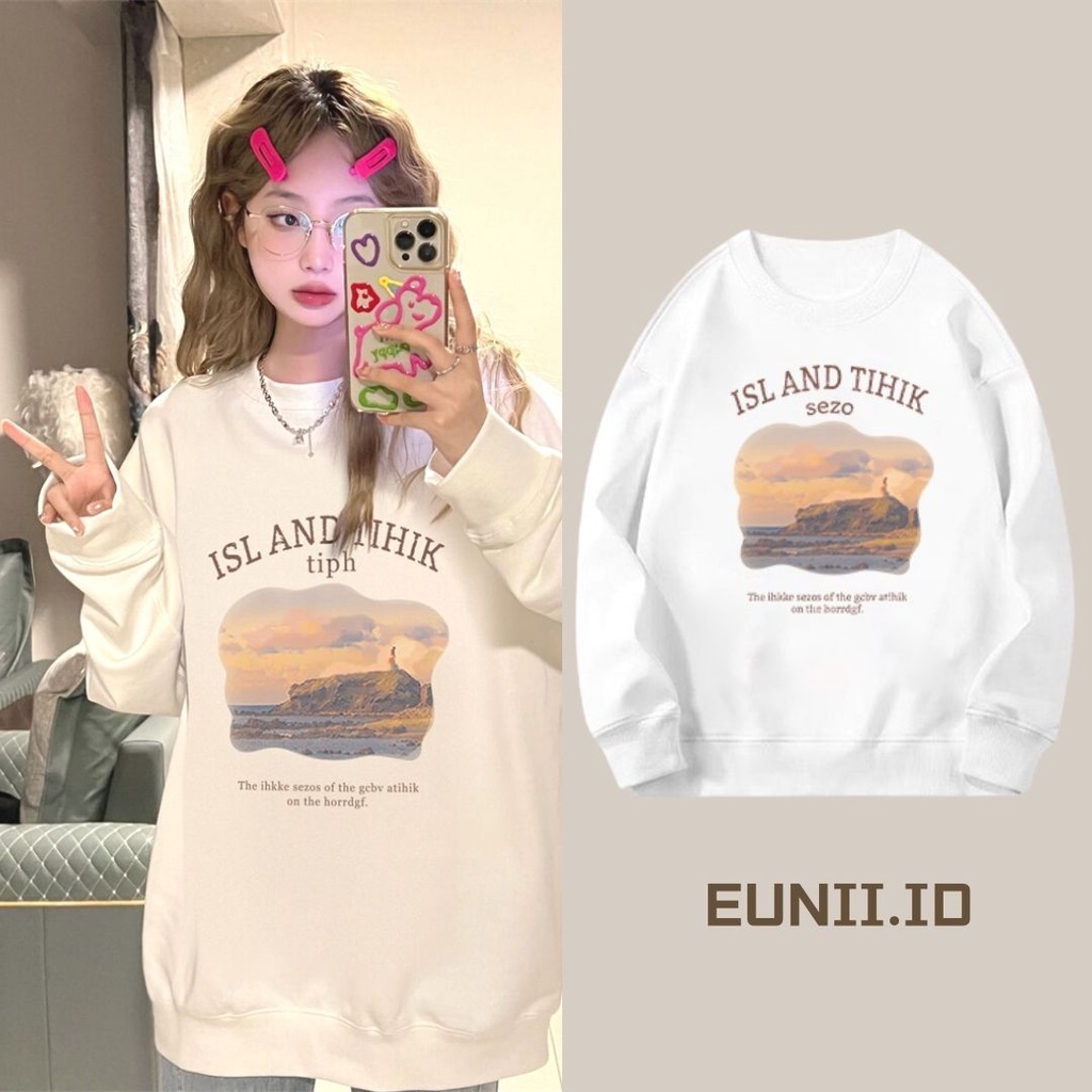 EUNII Sweater Lengan Panjang The Sunset Scenery Korean Style/Hoodie Oversize/Baju Wanita/Switer Wanita