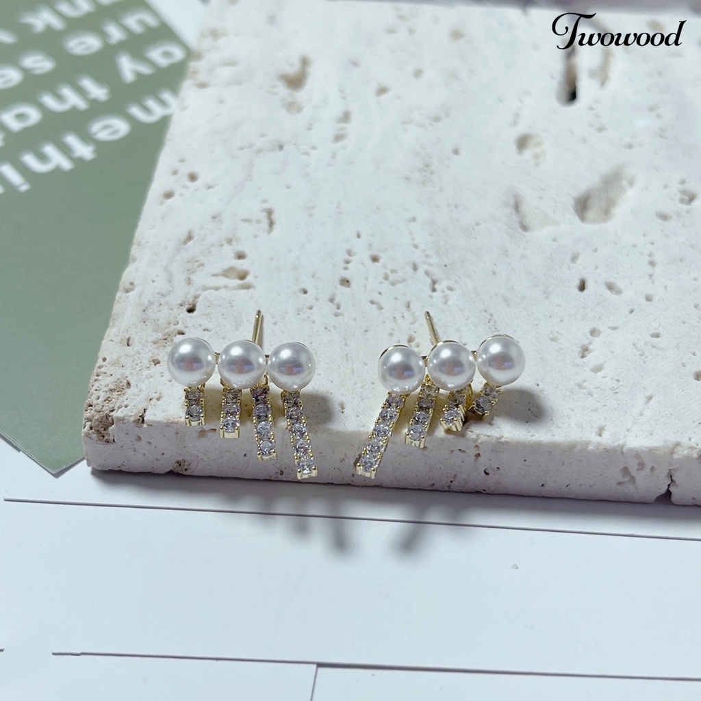 1 Pasang Anting Stud Rumbai Menjuntai Mutiara Berlian Imitasi Berkilau Bentuk Geometris Untuk Wanita