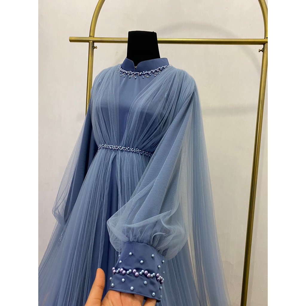 Khadijah Double Tulle Denim Premium | Gaun Pesta | Dress Kondangan | Dress Maternity | dress maternity hijab | gaun maternity