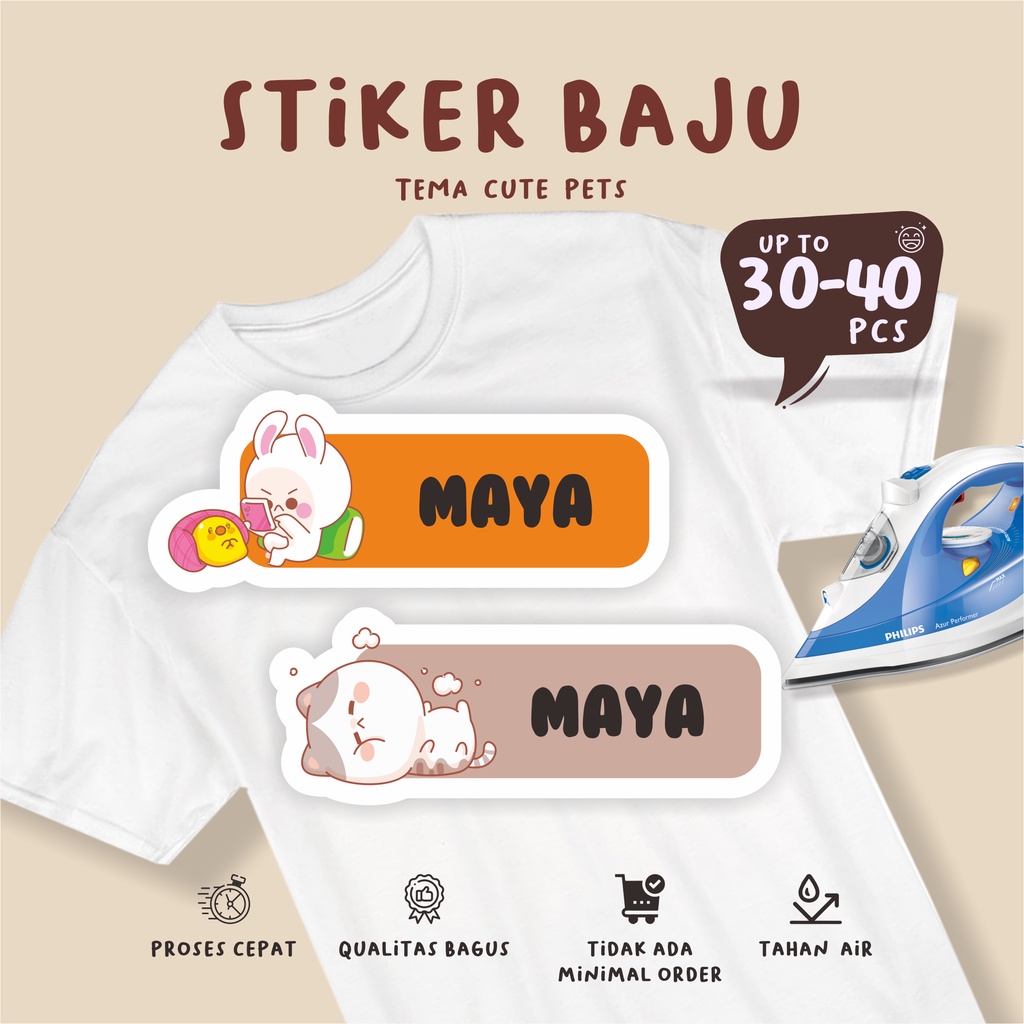 

(30-40pcs)cetak Stiker Dtf Label Baju Nama Anak tema CUTE PETS/ Sablon Setrika Name /Label Sticker Iron on sticker a/ K