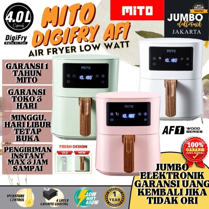 Air Fryer Mito AF1 4 liter Digital Low Watt Mitochiba Mito Air Fryer - Putih-Kayu