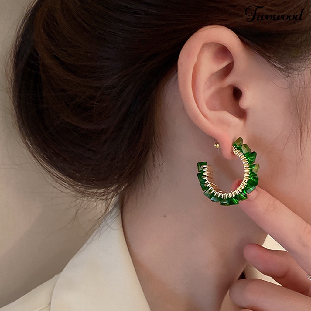 1 Pasang Anting Hoop Bentuk C Geometris Aksen Kristal Zamrud Imitasi Warna Hijau Untuk Hadiah   Anting Bentuk Lingkaran Untuk Wanita