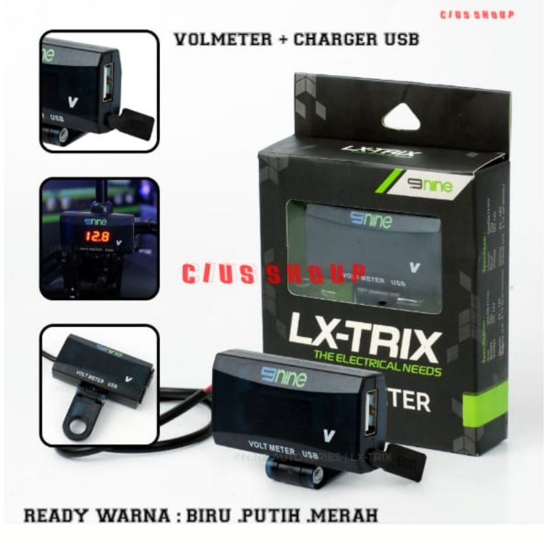 NINE LX-TRIX VOLMETER LED SPION + USB CHARGER MOTOR LED DIGITAL WATERPROOF UNTUK PEMASANGAN DI SPION MOTOR