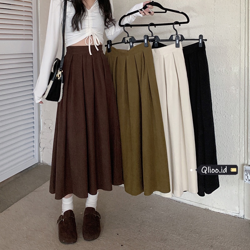 Baju Wanita Rok Midi A-line Hitam Rok High Waist  Korean Style