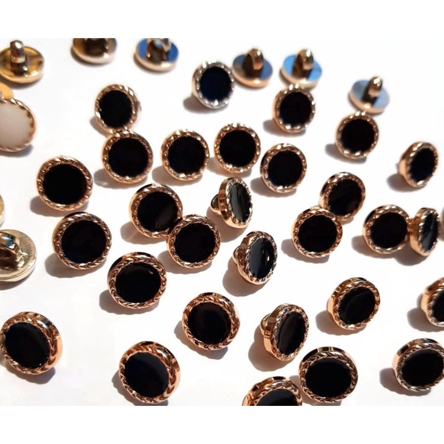 Kancing Baju Model Jamur Mutiara Hitam Putih Gerigi Emas Import Isi 50