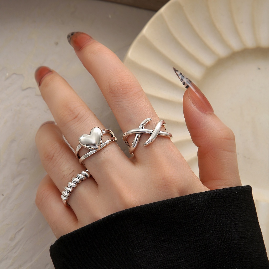 AY(CN) 3Pcs/set Elegant Heart Cross Ring Set for Women Adjustable Opening Silver Rings Jewelry Accessories