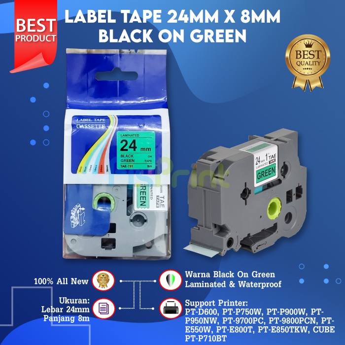 Compatible Label Tape Laminated TZE-751 24mm X 8m Black On Green Cassette Printer Bro PT-9800PCN PT-P750W PT-P900W PT-P950NW PT-9700PC PT-E550W PT-E800T PT-E850TKW PT-P710BT