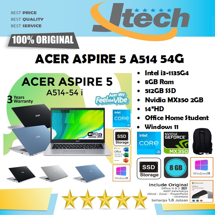 ACER ASPIRE 5 A514-54G - i3-1115G4 - 8GB - 512GB SSD - NVIDIA MX350 2GB - 14&quot;HD - WIN11 - OFFICE HOME STUDENT