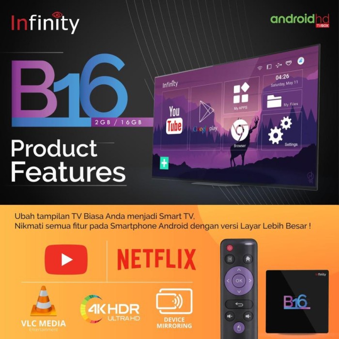 Produk Terbaru Android Tv Box Infinity B16(2Gb/16Gb)/B32(4Gb/32Gb) Wifi Bluetooth Lan